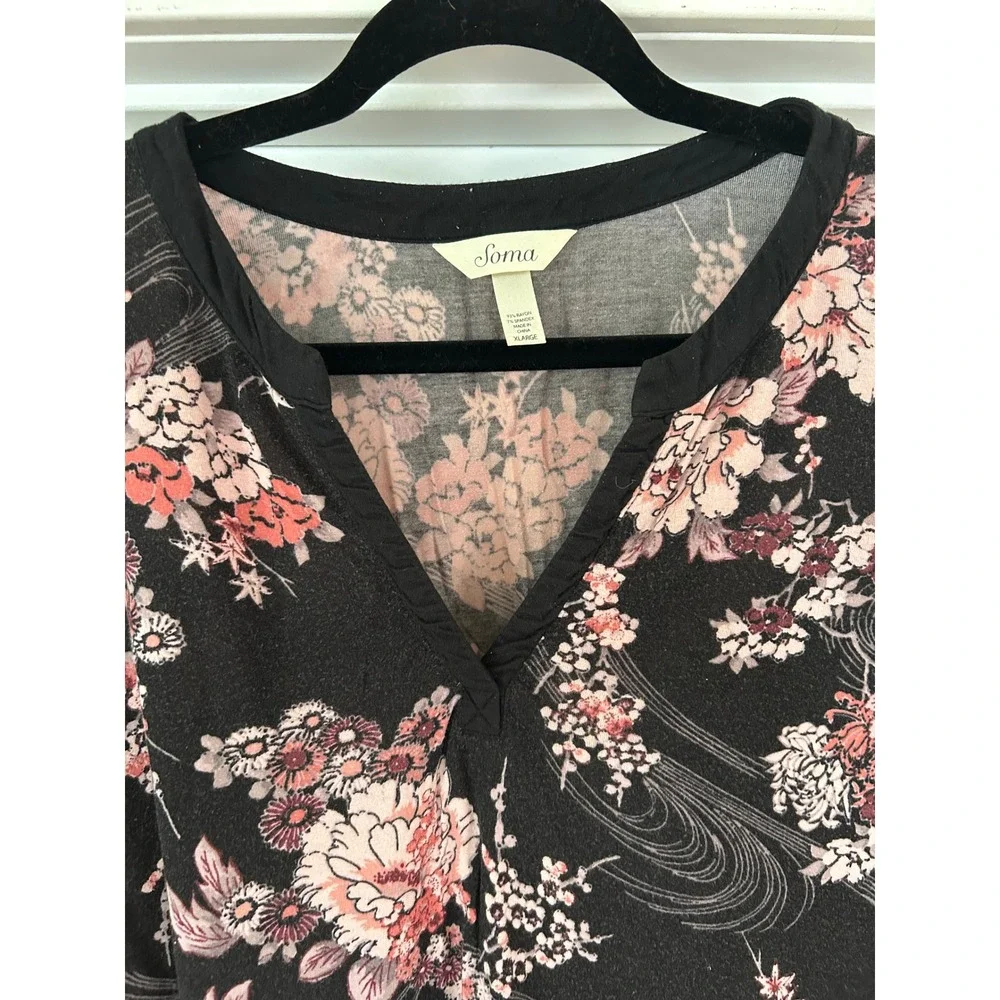 Soma Cool Nights Intimates Womens XL Black Pink Floral Short Sleeve Sleep‎ Shirt